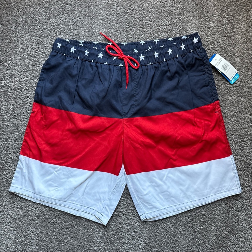 NWT Dream Wave Men's Red White & Blue Swim Wear Trunks 4th of July Size Large